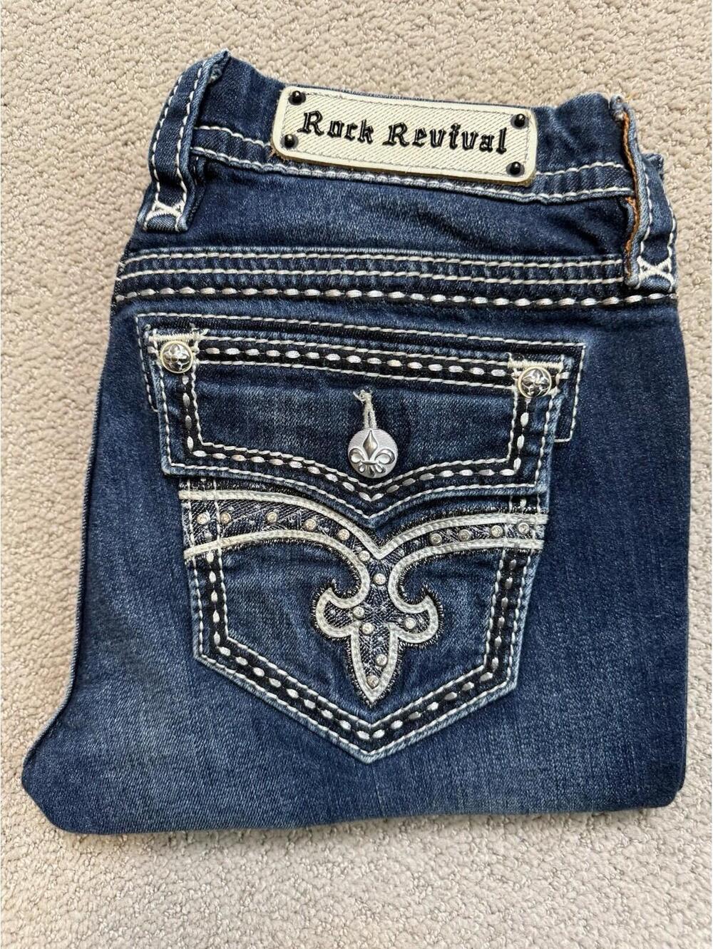 Rock Revival Louise Skinny Jeans Women's 29 x 31 Dark Fleur-De-Lis Stitch